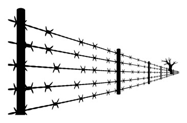 Barbed wire fence stretching into the distance with a dead tree post sharp