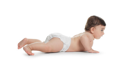 Fototapeta premium Cute little baby in diaper on white background
