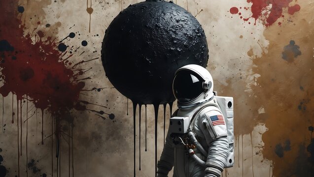 Astronaut standing before a large dark sphere against a textured wall with paint splatters