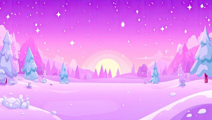 Obraz premium Pastel winter landscape with snow-covered trees, sunrise, and stars