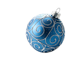 A single ornate blue christmas bauble with intricate white swirling patterns and glitter isolated on a stark black background evoking a festive and elegant holiday mood