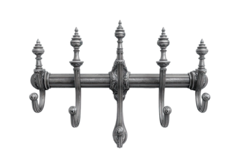 Ornate, metallic coat rack with five hooks