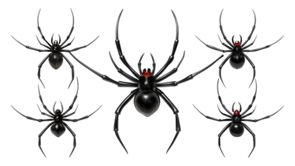 A group of five black widow spiders with distinctive red hourglass markings on their abdomens, arranged symmetrically, isolated on a transparent background