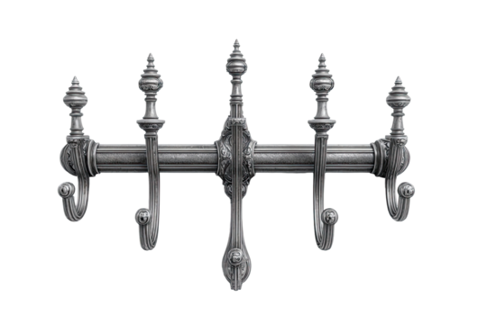 Ornate, metallic coat rack with five hooks