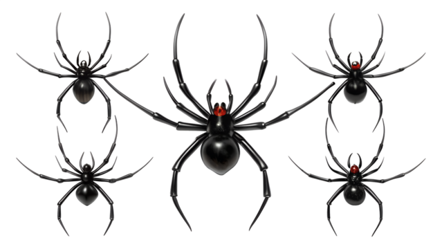 A group of five black widow spiders with distinctive red hourglass markings on their abdomens, arranged symmetrically, isolated on a transparent background