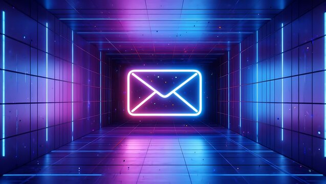 Futuristic neon illuminated corridor with a glowing envelope icon symbolizing digital communication and email in a modern abstract technology concept