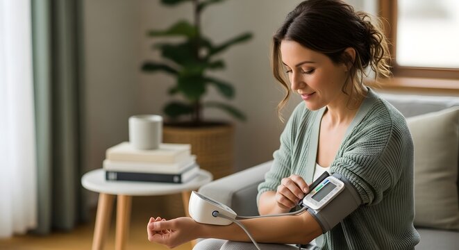 Young Woman Monitoring Blood Pressure at Home for Health