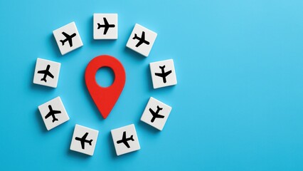 A red location pin at the center of a bright blue background with black airplane icons in blocks, multi destination trip, trip coordination, multi trip