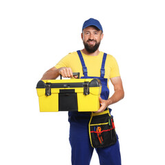 Professional repairman with tool box on white background