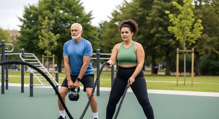 Diverse Couple Training Together with Fitness Equipment in Park
