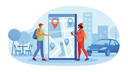 Two people using a large mobile device showing a map with location markers in a cityscape setting outdoors