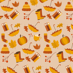 Autumn seamless pattern with pumpkin, umbrella, boot,  mug, sock, book, leaf, cozy fall elements, cute hand drawn pattern 