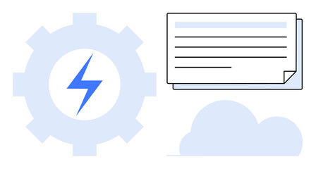 Gear with lightning bolt symbolizing energy, document icon for data, and cloud representing storage or compute. Ideal for workflow, automation, technology, productivity, energy, innovation