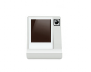 White instant camera, front view, display shows dark image