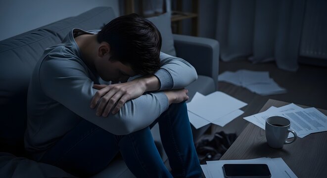 Young Man Struggling with Stress and Depression at Home