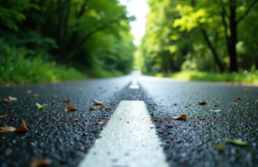 A quiet road surrounded by lush green trees in a peaceful forest setting