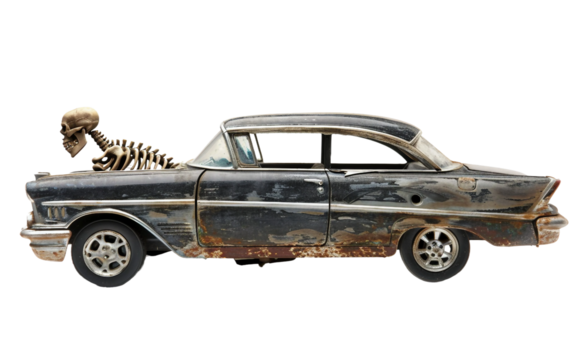 Skeleton Placed in Car on white background