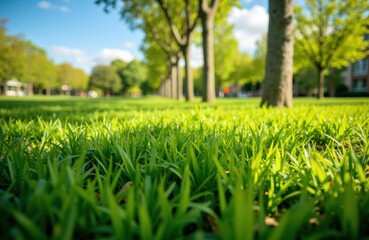 Lush green grass in a park with tall trees and a bright blue sky on a sunny day