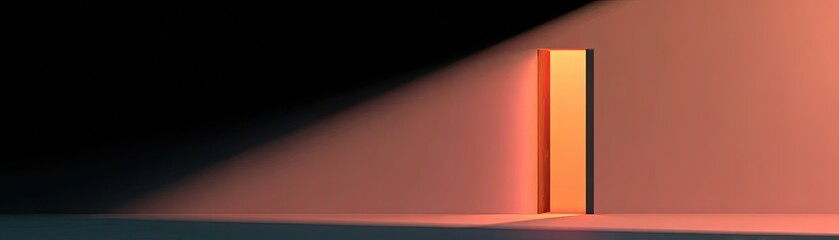 A muted peach-toned interior with a single, luminous orange door