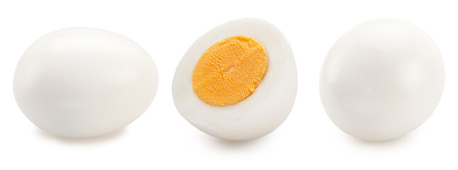 Hard-boiled chicken egg and half of egg with yellow hard yolk on white background. File contains clipping path.