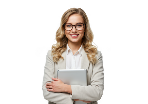 Smiling young woman in glasses holding a tablet isolated on transparent background