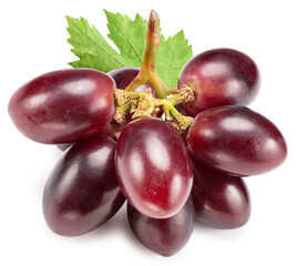 Small bunch of ripe red table grape berries with green leaves on white background. File contains clipping path.
