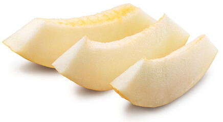 Three yellow melon slices isolated on white background. Cut out PNG file.