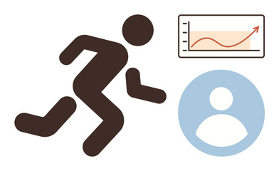 Running figure symbolizing action and achievement alongside a growth chart and profile icon. Ideal for fitness, goal setting, personal growth, health tracking, motivation, productivity, simple flat
