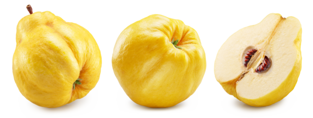 Set of two quinces and half cut quince on white background. File contains clipping path.