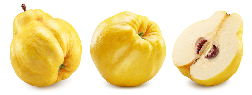 Set of two quinces and half cut quince on white background. File contains clipping path.