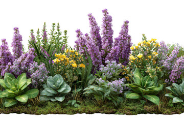 Fototapeta premium 3d lush garden bed with purple and yellow flowers isolated on transparent background