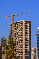 Fototapeta premium Construction of buildings and high-rise cranes against the blue sky