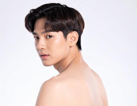 Close-up portrait of a young Asian man with clear glowing skin on white background
