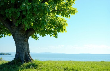 Fototapeta premium A large leafy tree stands on a grassy field near a body of water under a clear blue sky