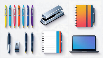 Workspace Essentials: A vibrant arrangement of office supplies, including colorful pens, a sturdy stapler, a sleek notebook, and a modern laptop, all arranged to inspire productivity. 