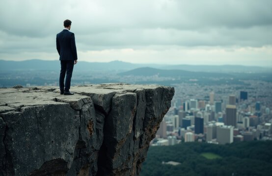 A man in a suit stands on the edge of a rocky cliff overlooking a cityscape with tall buildings and green areas