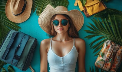 Top view of a young woman packing for a vacation trip, surrounded by travel essentials on a desktop, highlighting the excitement and preparation involved in a holiday getaway, Generative AI