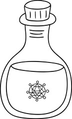 Magic flask PNG with mystical sign, outline doodle drawing glass bottle, poison, witchcraft, chemistry, alchemy, potion making. 