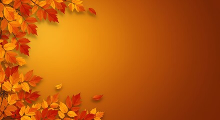 Vibrant autumn leaves in shades of orange, red, and yellow frame a warm, goldenbrown background, creating a beautiful seasonal backdrop with ample copy space