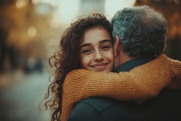 Teenage daughter hugging her father outside in town, spending quality time together and showcasing the special bond between father and daughter, Generative AI