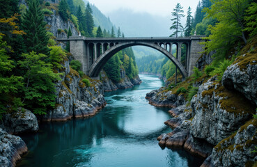 A scenic view of a stone arch bridge spanning a river in a lush forested canyon
