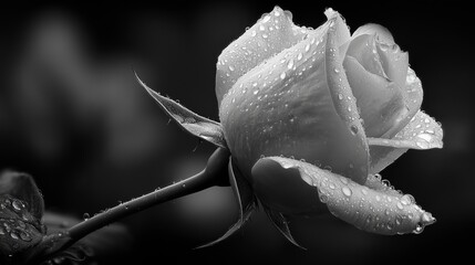 A single dew-covered rose in monochrome, high contrast, timeless elegance, romantic and graceful aesthetic