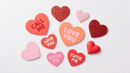 A collection of various paper hearts with glitter and messages like "Love You" and "Call Me," arranged on a clean white background.