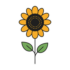 Stylized illustration of a single yellow sunflower with green leaves on a white background