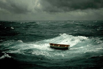 Naklejka premium Small boat adrift on a stormy sea