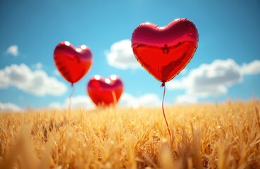 Red heart-shaped balloons floating above a golden wheat field under a bright blue sky with fluffy clouds