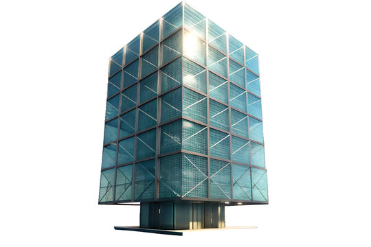 A modern building with a glass facade and triangular patterns against a white isolated background view - Powered by Adobe