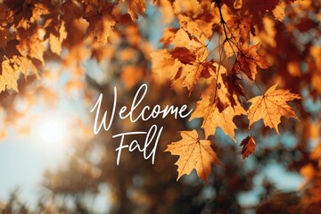 Autumn leaves in vibrant orange and yellow hues, illuminated by sunlight, create a warm atmosphere with the text "Welcome Fall" artistically integrated into the scene