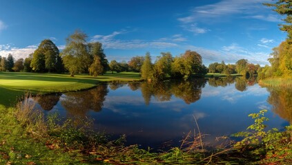 Panoramic view of a serene autumnal golf course with a calm lake