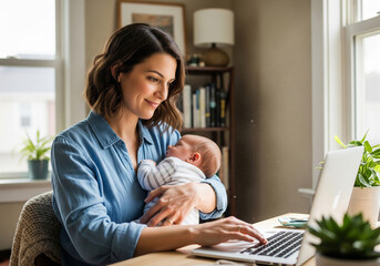 A new mother holds her newborn baby while working remotely on a laptop from her home office.